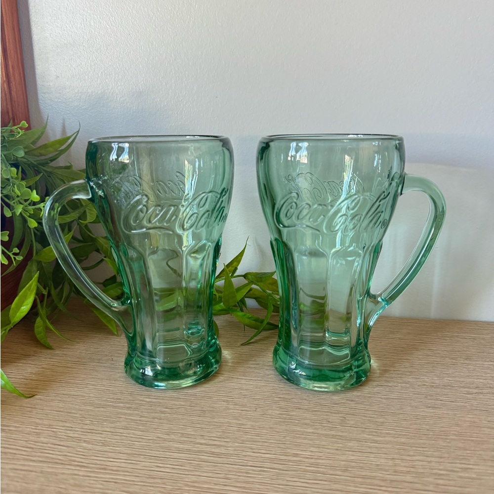 Coca Cola Vintage Green Glass Mugs x 3
